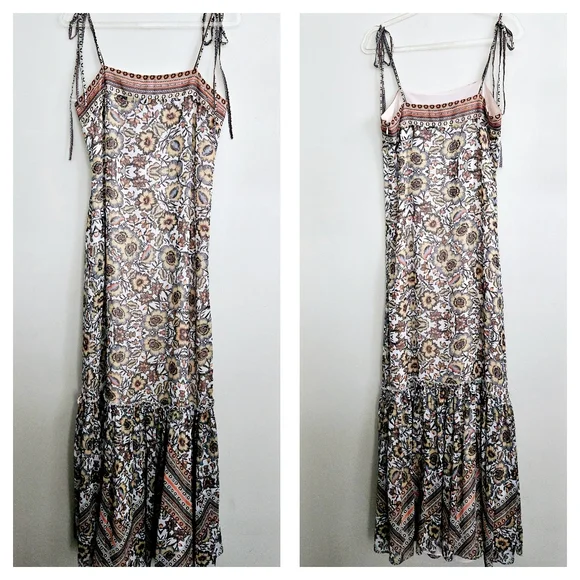 Guess Cream and Brown Tiered Patchwork Poisies Floral Boho Maxi Dress XS - Picture 3 of 10